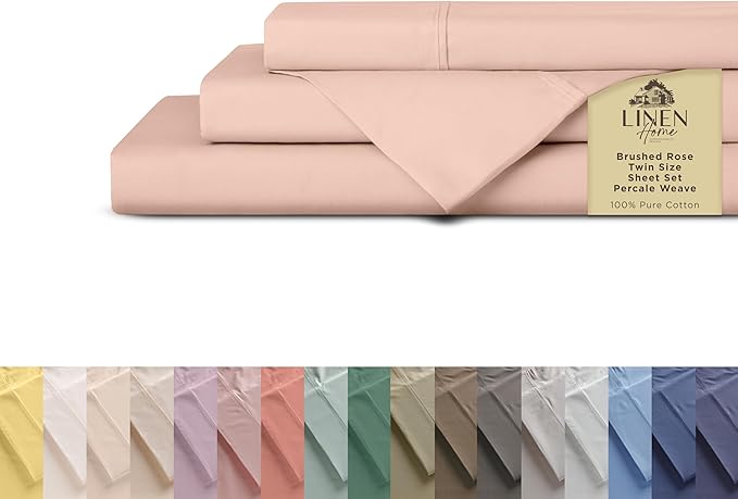 Linen Home 100% Cotton Percale Sheets Twin Size, Brushed Rose, Deep Pocket, 3 Pieces Set - 1 Flat, 1 Deep Pocket Fitted Sheet and 1 Pillowcase, Crisp Cool and Strong Bed Linen