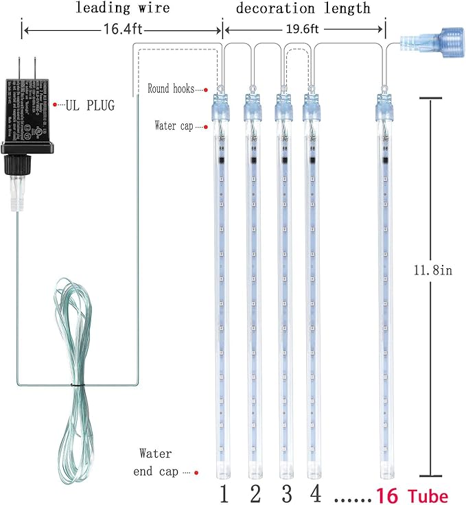 Kwaiffeo Multicolor Icicle Lights Outdoor, Waterproof 16-Tube Meteor Shower Lights for Christmas New Year Party Outside Decor, Equivalent to 2 Sets of 8-Tubes
