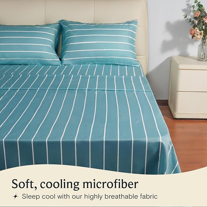 LuxClub 4 PC Queen Size Sheet Set Bed Sheets, Breathable Luxury Deep Pockets Wrinkle Free Cooling Sheets Machine Washable Hotel Bedding (Queen, Striped Light Blue)