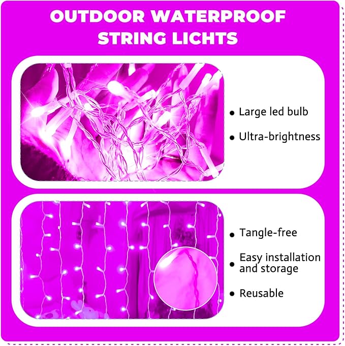 Curtain Light for Bedroom, 200LED 6.6x6.6ft Pink Window Wall Hanging Fairy Curtain String Light, 8 Modes Remote Fairy String Lights Indoor for Wedding Party Home Garden Decorations
