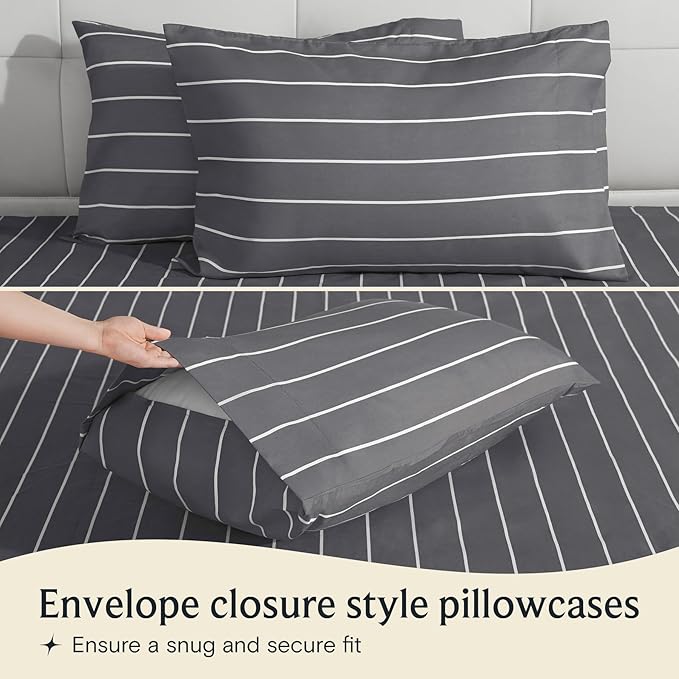 LuxClub 4 PC Queen Size Sheet Set Bed Sheets, Breathable Luxury Deep Pockets 16" Wrinkle Free Cooling Sheets Machine Washable Hotel Bedding (Queen, Striped Light Grey)