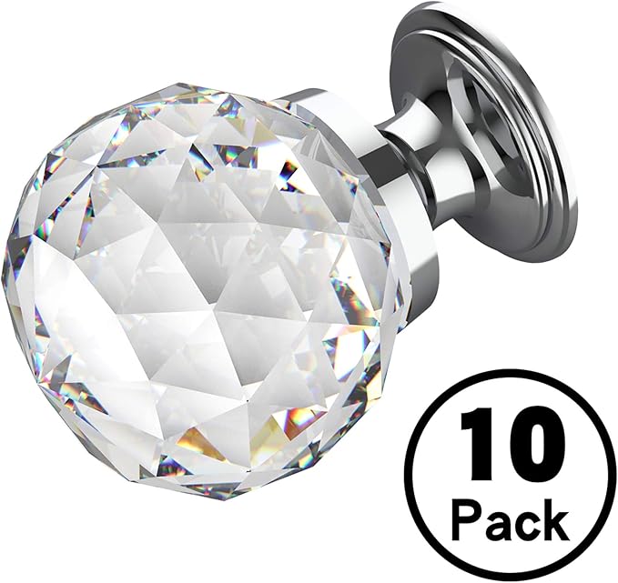 Alzassbg 10 Pack Clear Crystal with Chrome Plated Drawer Knobs, 1-1/5 Inch(30mm) Cabinet Knobs Round Diamond Crystal Knobs for Drawers AL1002