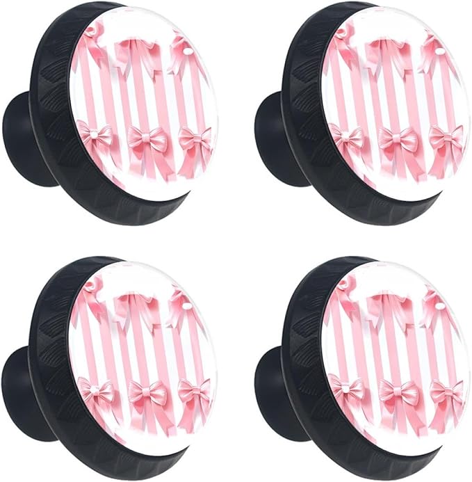 Pink Ribbon Bows on Striped White Pink Background Kitchen Cabinet Knobs, Decorative Dresser Knobs with Screws Pulls Handles Hardware Drawer Knobs for Home Furniture, 4 Pack