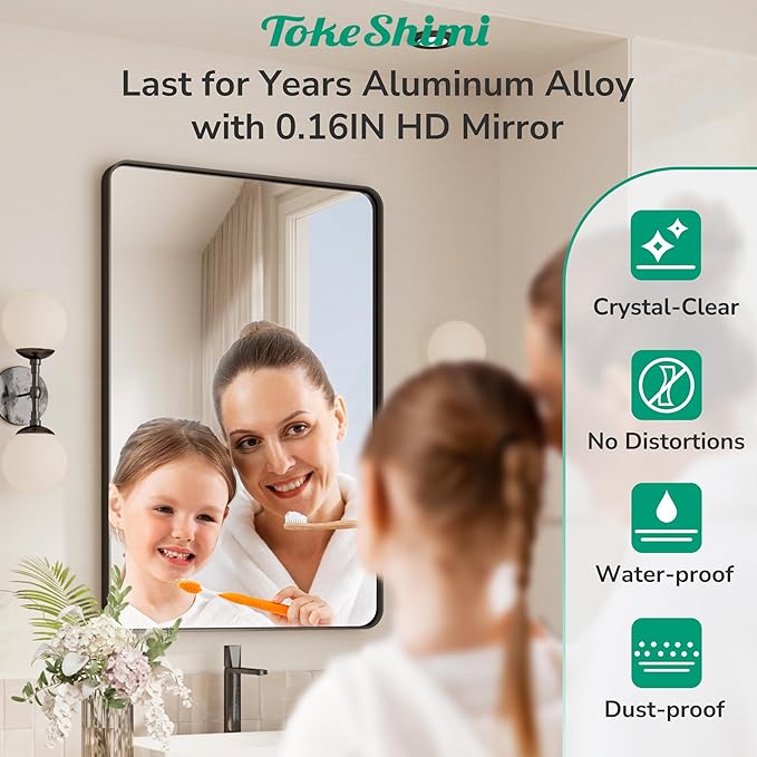 TokeShimi 55x36 Bathroom Mirror Black,Aluminum Framed Bathroom Mirror for Over Sink,Rectangle Vanity Mirror Bath,Shatterproof Tempered Glass Wall Mirror Modern(Horizontal/Vertical)