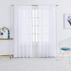 Treatmentex White Sheer Curtains Multi Colorful Pom Pom Sheer Drapes 63" inches Long Window Draperies for Nursery Room Bed Canopy 2 Panels Rod Pocket