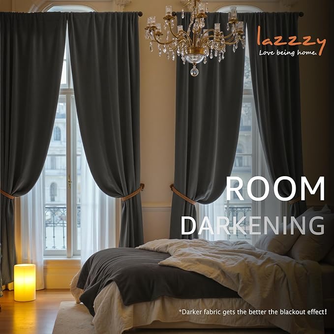 Lazzzy Velvet Blackout Curtains Thermal Insulated Room Window Drapes Super Soft Luxury Curtains for Living Room Bedroom Rod Pocket 2 Panels, Grey, 52" W x 96" L