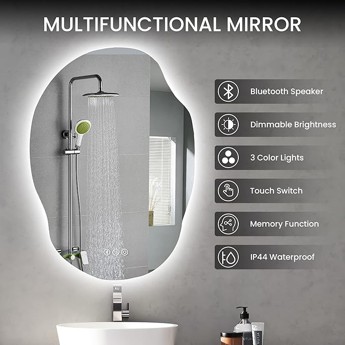 Irregular Led Bathroom Mirror with Bluetooth, 22 x 30 Inch Lighted Mirrors, Backlit Mirror with Anti-Fog, Memory Function, 3 Color Temperature, Dimmable Asymmetrical Led Mirror