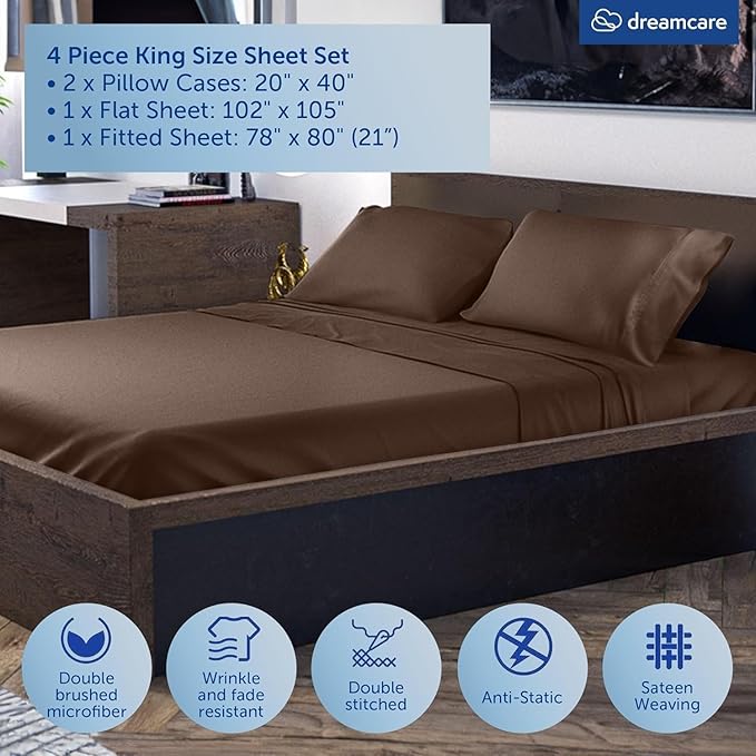 DREAMCARE King Size Sheets Set – 4 pcs Cooling Sheets – up to 21” Deep Pocket King Sheet Set – Hotel Luxury Sheets & Pillowcases – Superior Softness 100% Microfiber with Side Pocket - Mocha Brown