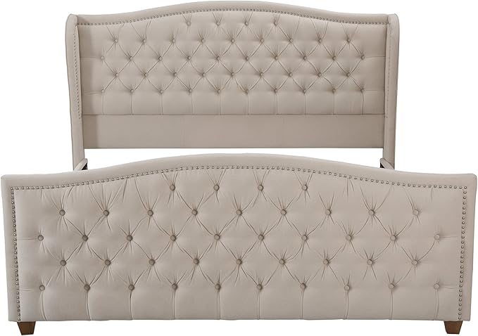 Jennifer Taylor Home Marcella Upholstered Shelter Headboard Bed Set, King, Sky Neutral Beige Polyester