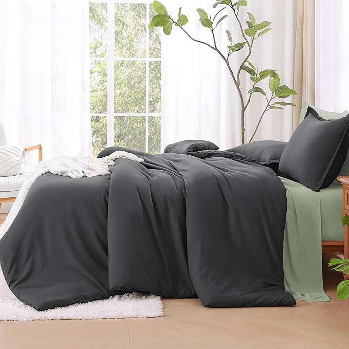 Litanika Dark Grey Oversized King Comforters Super King Plus Size, 3 Pieces Lightweight Solid Bedding Comforter Set, All Season Fluffy Bed Set (128x120In Comforter & 2 Pillowcases)