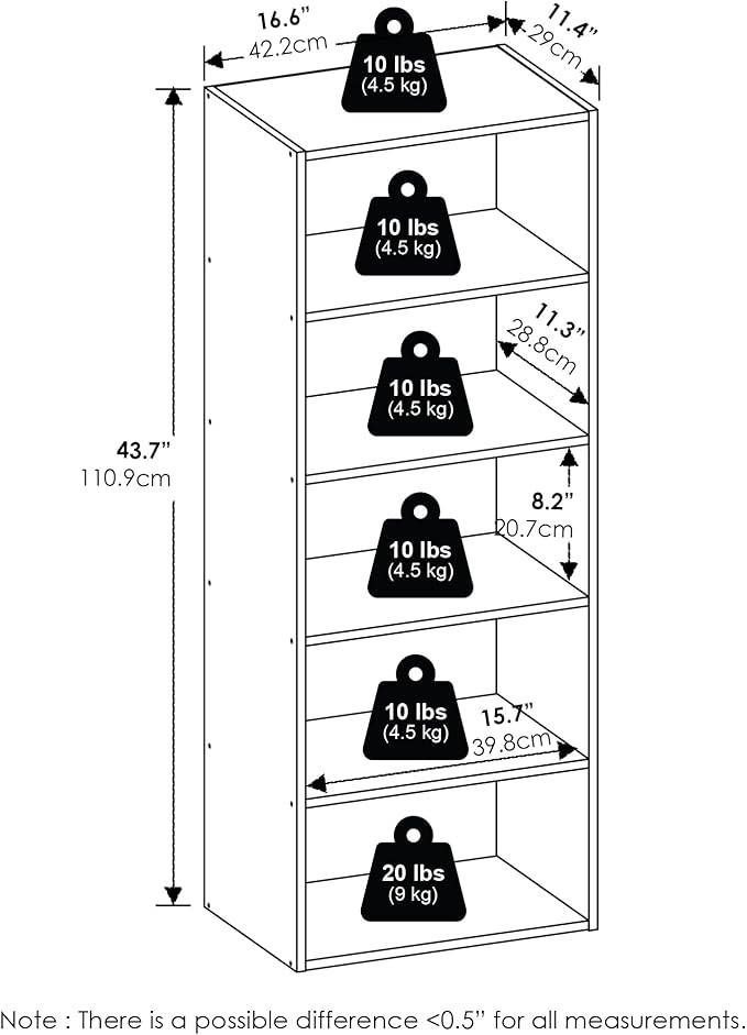 Furinno Basic Book Shelf, 5-Tier Bookshelf, Cube Storage Organizer Bookcase with Open Shelf, 11 x 17 x 44, for Living Room, Bedroom, Home Office, Espresso