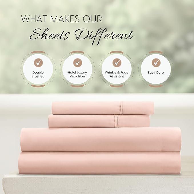 Linen Market Double-Brushed Microfiber King Sheet Set 4 Piece – Oeko-TEX Certified Ultra Soft & Wrinkle-Free - 16" Deep Pocket Sheets - Easy Care King Size - Blush