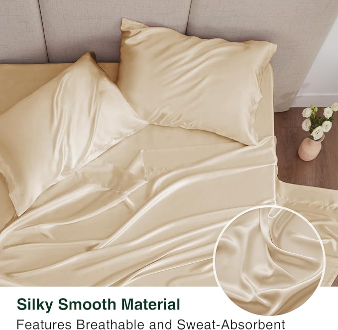 Love's cabin California King Satin Sheet Sets - 4 Piece Beige Silky Sheets Bed Set with Deep Pocket, Luxury Silk Feel Satin Cal King Sheet Set (1 Flat Sheet,1 Fitted Sheet,2 Pillow Cases)