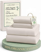 LANE LINEN 100% Organic Cotton Full Sheets Set 4-Piece Pure Percale Long Staple Soft Bedding Breathable Fits Mattress Upto 15" Deep - Glacier Grey