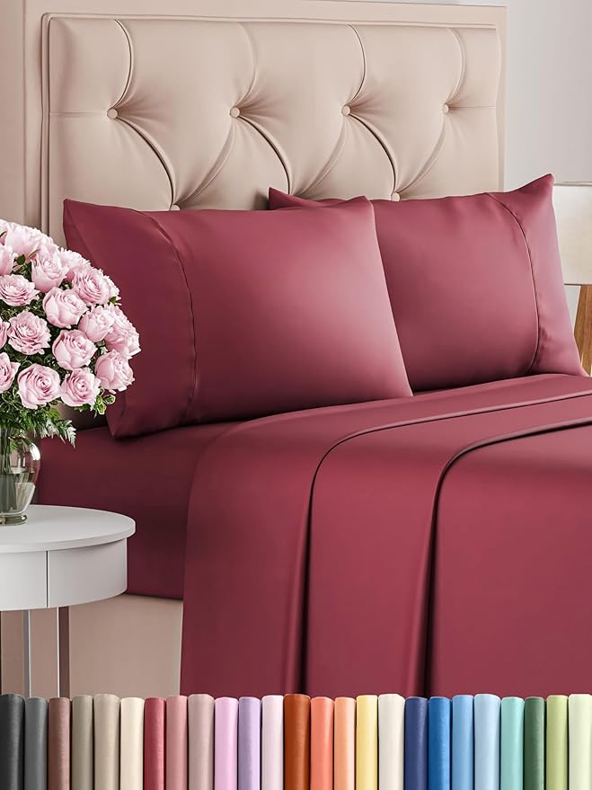 Twin 4 Piece Sheet Set - Comfy Breathable & Cooling - Ultra Soft Hotel Luxury Bedding Set w/ 8-16 Inch Deep Pockets - 1 Flat & 1 Fitted Sheet & 2 Pillowcases - Wrinkle Free and Easy Care - Burgundy