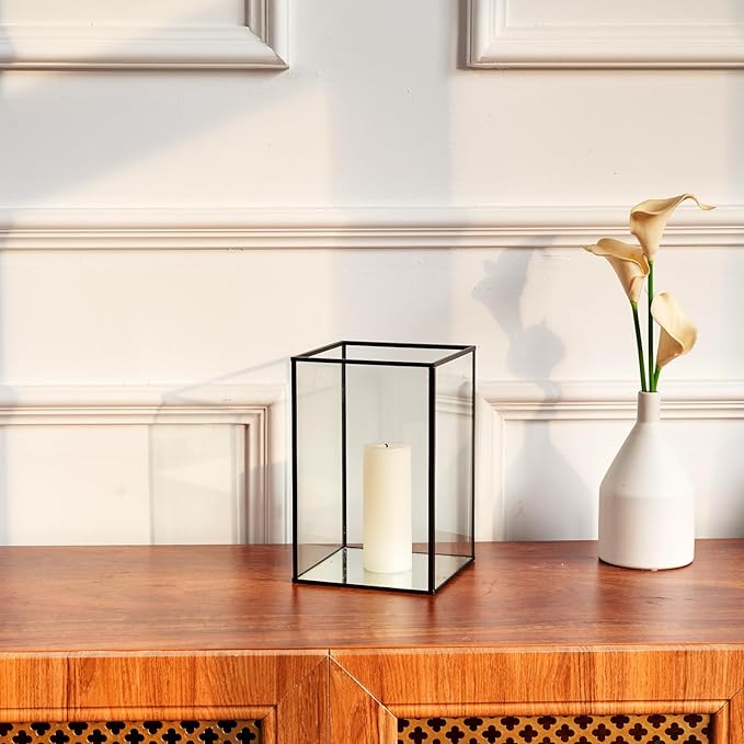 PHOSPHOR Glass Hurricane Candle Holder Set of 3 PCS Large Glass Square Candle Holder Black Lanterns Decorative for Pillar Candle Indoor Candle