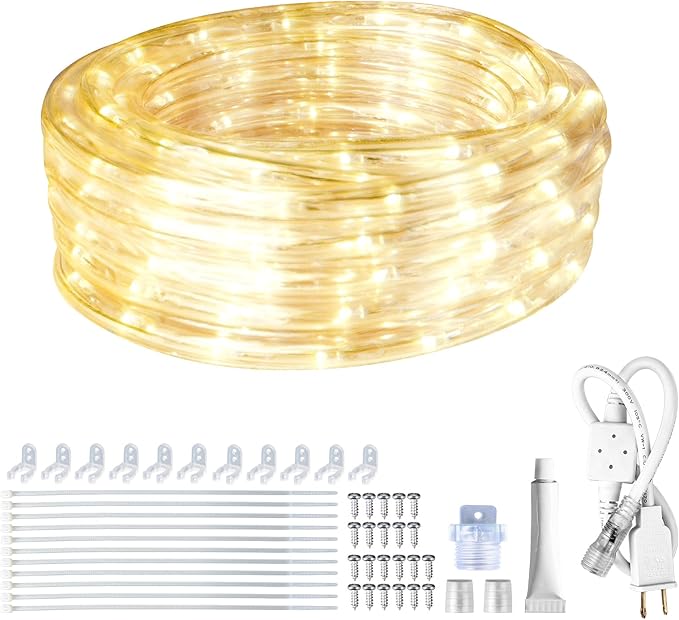 SURNIE LED Rope Lights Outdoor Warm White, Waterproof 18FT Cuttable 3000K Soft Lighting Indoor 110V Flexible Clear Tube for Bedroom Outside Garden Deck Patio Camping Decor, Not Flat Strip