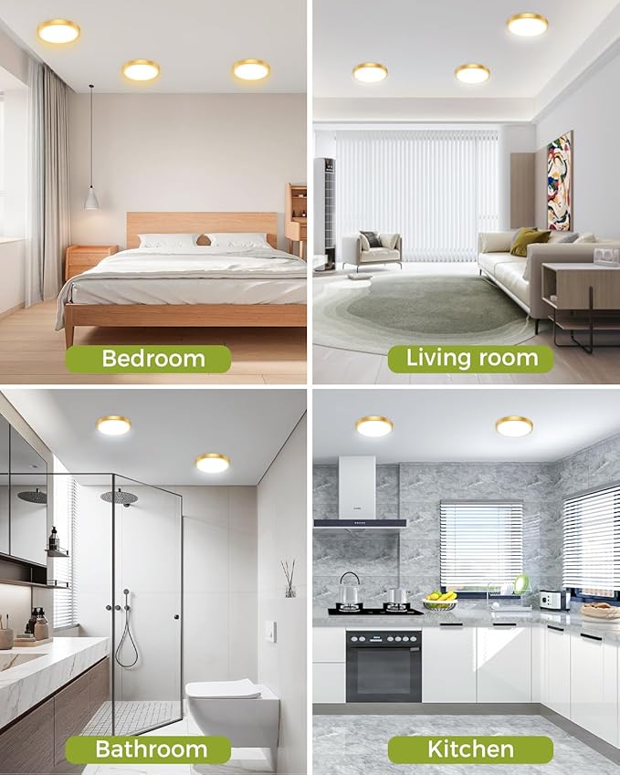 hepside 1Pack Dimmable Flush Mount Ceiling Light Fixture Golden, 3CCT Selectable 3000/4000/6500K Ceiling Lamp, 7.5INCH 15W 1500LM Low Profile Light for Bedroom, Kitchen, Bathroom, Hallway