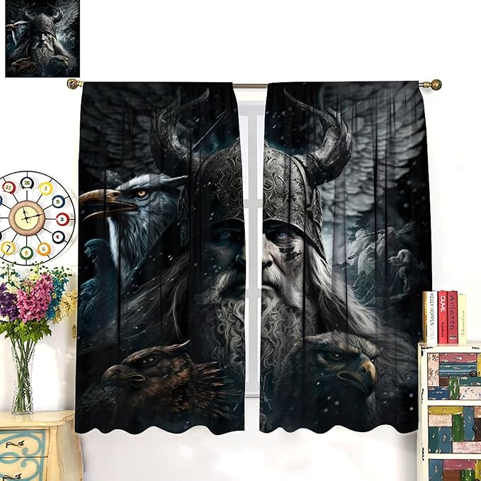 Fantasy Norse Viking Curtains for Bedroom - Cool Gothic Vintage Vikings Mystical Symbol Eagle Window Drapes,Energy Saving Thermal Insulated Rod Pocket Bedroom Blackout Curtains 2 Panels 63L x 27.5W