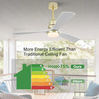 BOJUE 52 Inch Gold Ceiling Fans with Lights and Remote, Dimmable LED Light, Modern Solid Wood Ceiling Fan with Light for Indoor/Outdoor Farmhouse, Bedroom, Patio - Gold Finish and White Blades