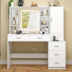 Quimoo Vanity Desk with Lighted Mirror and Power Outlet, Makeup Vanity Desk with 5 Drawers and Cabinet, Hidden and Open Shelves, White Vanity Table Set with 3 Color Lighting
