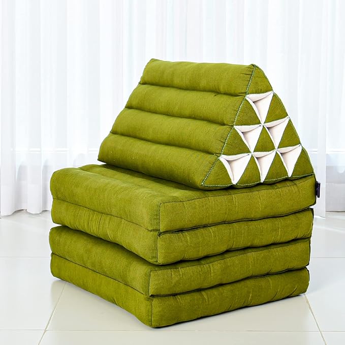 Leewadee Comfortable Japanese Floor Mattress - Thai Floor Bed with Triangle Cushion - Futon Mattress - XL Extra Long Thai Massage Mat, 89 x 20 inches, Green, Kapok Filling