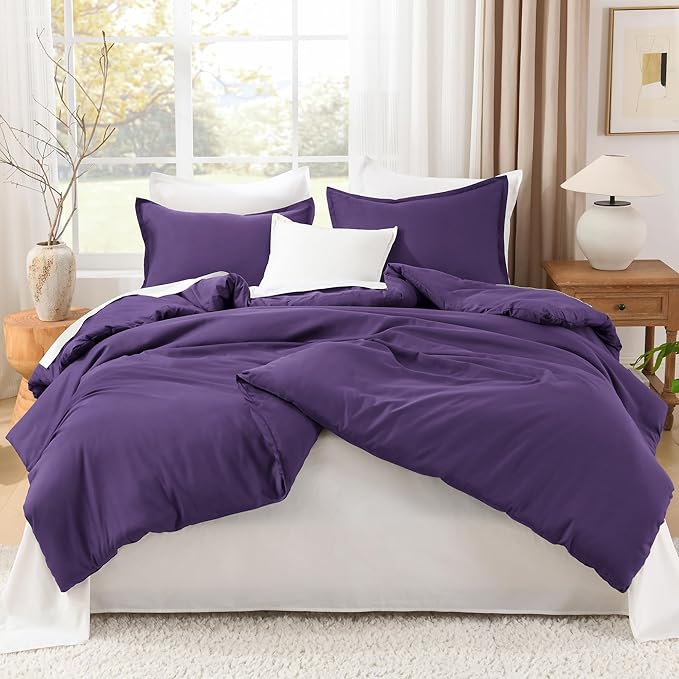 Litanika Dark Purple Comforter Set Queen Size, 3 Pieces Lightweight Solid Bedding Comforter Set, All Season Fluffy Bed Set (90x90In Comforter & 2 Pillowcases)