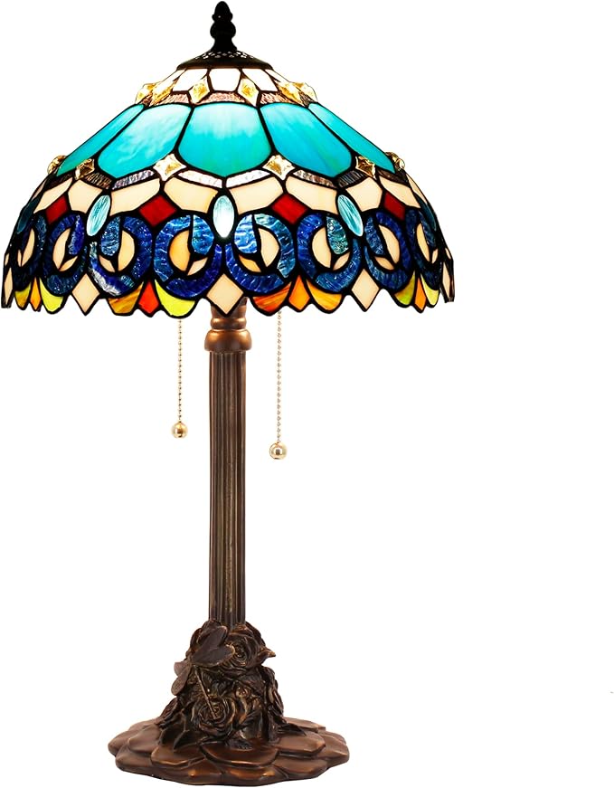 Tiffany Stained Glass Table Lamp 12X12X21Inch Resin Base Desk Bedroom Living Room Reading Light (Blue Jewelry Baroque)