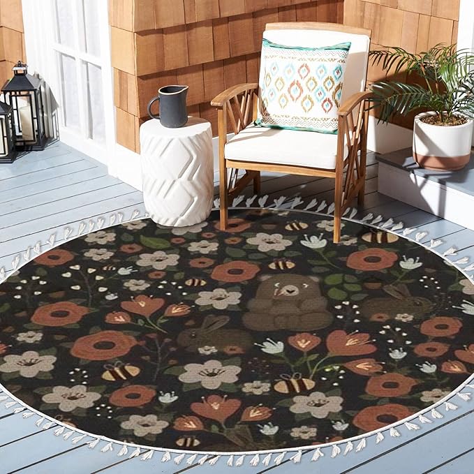 Round Rugs Bear Forest Bunny Rabbit Furry Animal Watercolor Flower Scandinavian Boho Area Rug Linen and Cotton Carpet Meditation Washable Hallway Runner Mat Accent for Bedroom Bathroom 3ft