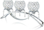 Set of 3 Gold Crystal Tea Light Candlestick Holders Flower Shape with Crystal Pendant Bowl Votive Metal Candle Holder for Table Centerpieces Wedding Home Decor (Silver, 3 arm)