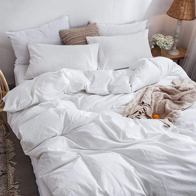 MooMee Bedding Duvet Cover Set 100% Washed Cotton Linen Like Textured Breathable Durable Soft Comfy (Solid Off White, Palatial King/Oversized King 120"x98")