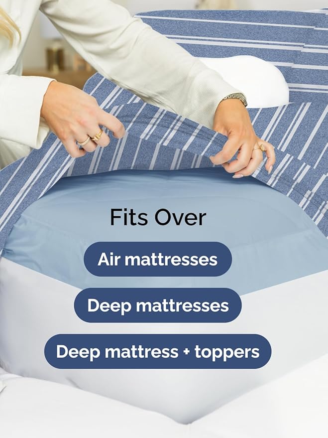 Extra Deep Queen Sheet Set - 6 Piece Breathable and Cooling Sheets - Hotel Luxury Bed Sheets Set - Easy Fit - Soft, Wrinkle Free and Comfy Sheets Set - Blue Striped Sheet Set with Extra Deep Pockets