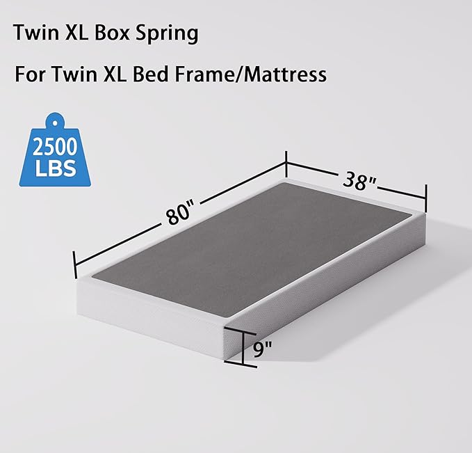 Twin XL Size Box Spring and Cover Set, 9 Inch High Profile Metal BoxSpring, Heavy Duty Structure Mattress Foundation, Noise Free, Non-Slip, Easy Assembly