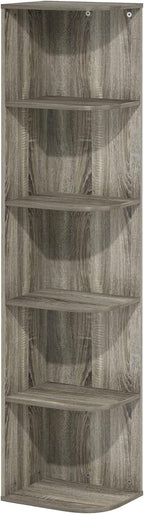 Furinno PASIR Book Shelf, 5-Tier Corner Bookshelf, Open Shelves Bookcase 9.3" x 12" x 51.7", for Living Room, Bedroom, Home Office, French Oak