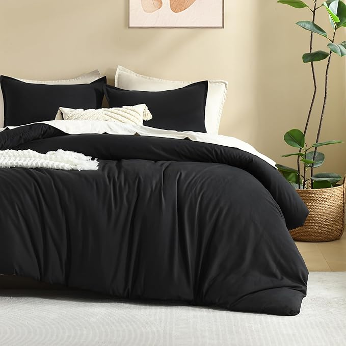 Litanika Black Comforter Set Queen Size, 3 Pieces Lightweight Solid Bedding Comforter Set, All Season Fluffy Bed Set (90x90In Comforter & 2 Pillowcases)