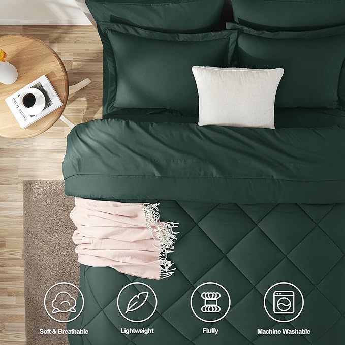 CozyLux Queen Comforter Set Forest Green - Bed in a Bag Queen Size 7 Pieces, Luxury Soft Bed Set for All Seasons, Bedding Set with Down Alternative Comforter, Sheets, Pillowcases & Shams