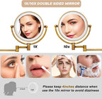 Wall Mounted Makeup Mirror with Light and Magnification, 7W Higher Brightness and Dimmable 1X/10X Double Sided Wall Magnified Mirror, Extending Vanity Mirror for Bathroom, Antique Brass Direct Wire
