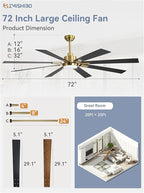 ZMISHIBO 72 inch Black and Gold Ceiling Fans with Lights and Remote, Indoor/Outdoor Ceiling Fan for Patio Living Room, 6 Speed Reversible Quiet DC Motor, 3 CCT, Dual Finish Blades