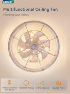 LEDIARY 20 Inch Fandelier Caged Ceiling Fan with Light, Bladeless Ceiling Fan with Remote, Small Farmhouse Fan Lights Ceiling Fixtures for Kitchen, Bedroom-White and Gold