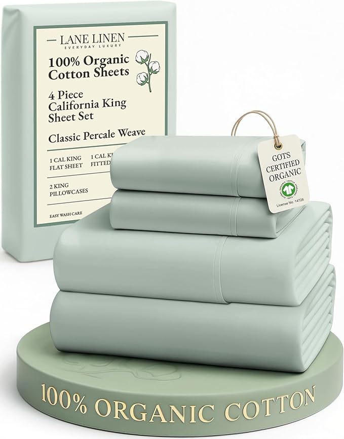 LANE LINEN 100% Organic Cotton California King Sheets Set, Soft & Comf Low Pill Fade Resistant Mercerized Cotton Fully Elasticized Cal King Sheets, Fits Mattress Upto 15" Deep -Cool Blue