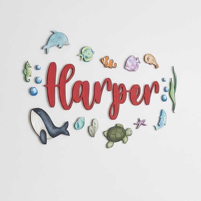 Custom Nursery Name Sign with Themed Decor Kit | Personalized Wooden Wall Art for Baby, Kids Room | Space, Jungle, Circus, Under the Sea, Woodland, Rainbow (40", Under the Sea)
