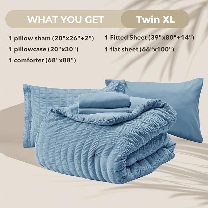 HYMOKEGE Mineral Blue Twin XL Comforter Set Seersucker 5 Pieces, All Season Luxury Bed in a Bag for Bedroom, Bedding Set with Comforter, Sheets, Pillowcase & Sham