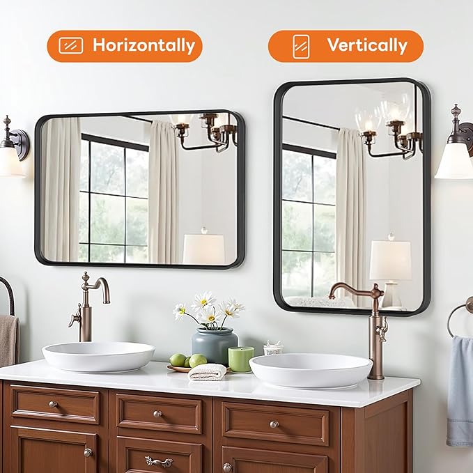 Bathroom Mirror 40x30 Inch Black Metal Framed Rounded Rectangle Vanity Mirror for Wall, Over Sink, Farmhouse, Restroom, Anti-Rust, Modern Decorative, Horizontal or Vertical Hanging