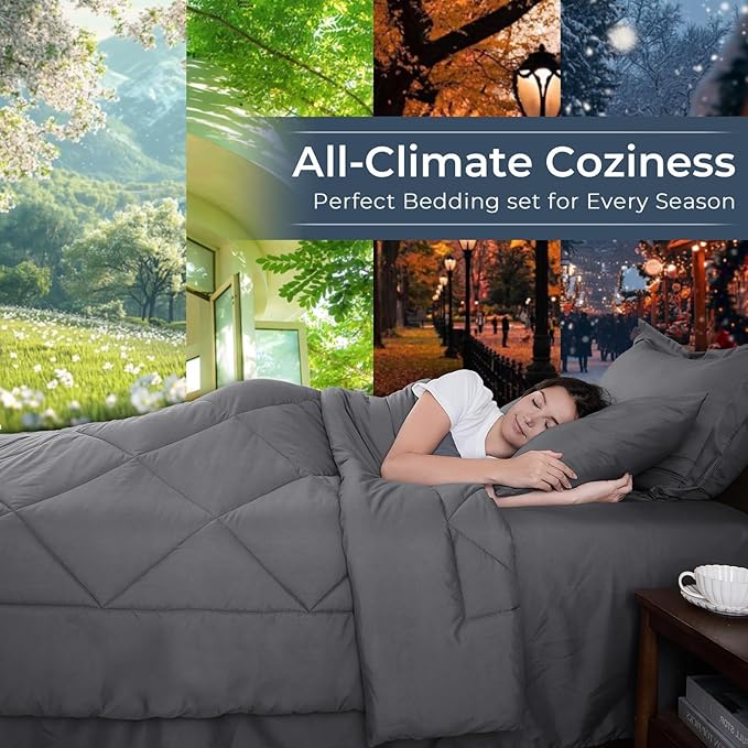 HEVUMYI 7 Pieces Queen Comforter Set, All Season Reversible Bed in a Bag, Ultra Soft Queen Bedding Set with Grey Comforter, Flat Sheet, Fitted Sheet, Pillowcases, Pillow Shams, Dark Grey