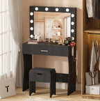 Vanity Table Set with Lighted Mirror - Makeup Vanity with Charging Station, Large Drawer Sturdy Wood Vanity with Lights, 3 Color Modes, Adjustable Brightness，Black