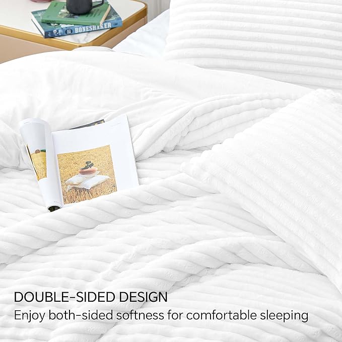 BEDELITE Fleece King Comforter Set -Super Soft & Warm Fluffy Bright White Bedding, Luxury Fuzzy Heavy Bed Set for Winter with 2 Pillow Cases