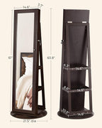 SONGMICS 360° Swivel Jewelry Cabinet, Lockable Jewelry Organizer with Full-Length Mirror, Rear Storage Shelves, Interior Mirror, Jewelry Armoire, Christmas Gifts for Women, Gift Idea, Brown UJJC006R01