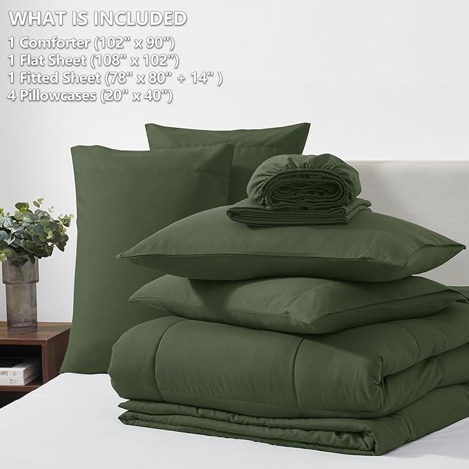 CozyLux King Size Comforter Set Olive Green, 7 Pieces Bed in a Bag, Green Comforter King Size, All Season Bedding Sets with Stitch Quilted Comforter, Flat Sheet, Fitted Sheet, Pillowcases