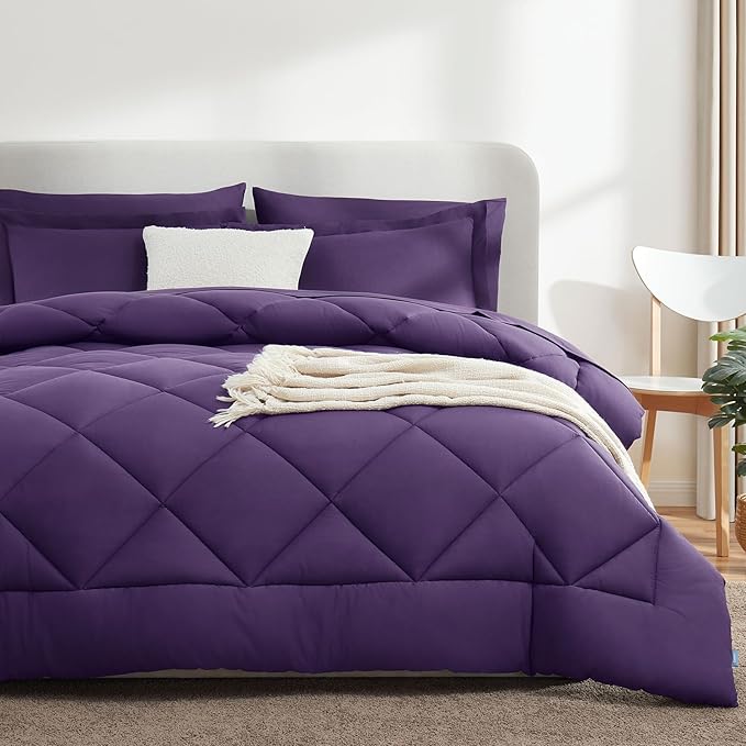 CozyLux King Size Comforter Set Purple - 7 Pieces Bed in a Bag King, Luxury Soft Bed Set for All Seasons, Bedding Set with Down Alternative Comforter, Sheets, Pillowcases & Shams