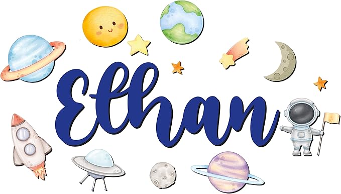 Custom Nursery Name Sign with Themed Decor Kit | Personalized Wooden Wall Art for Baby, Kids Room | Space, Jungle, Circus, Under the Sea, Woodland, Rainbow (40", Space)